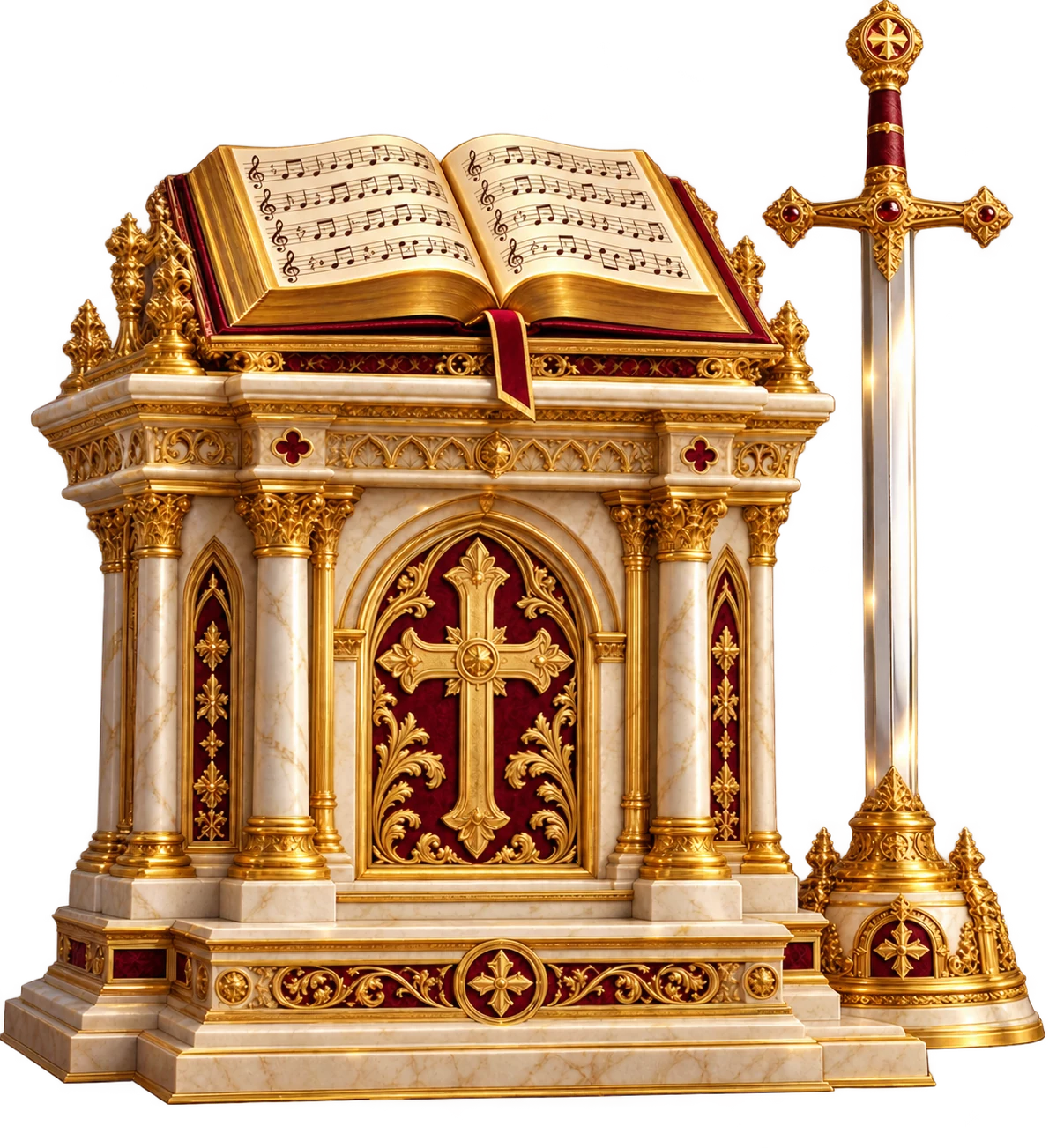 Golden altar with an open book of music symbols and an ornate sword